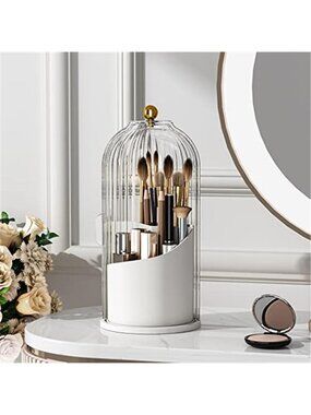 Rotating Makeup Brush Holder With Lid Organizer Dustproof Vanity Storage